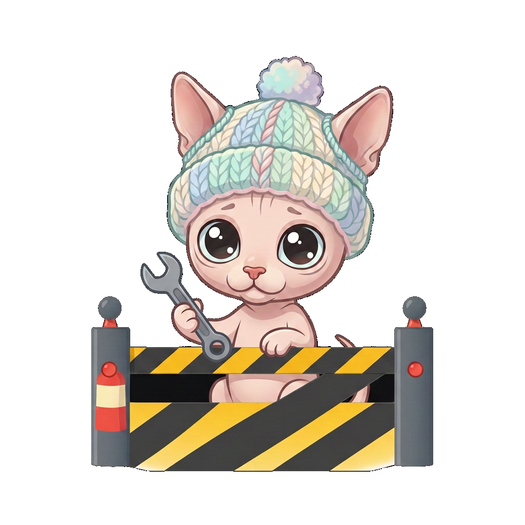 Cartoon sphinx kitten in a knit baby cap behind a construction barrier