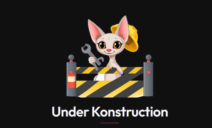 Cartoon sphinx kitten in a yellow hard hat resting on an Under Konstruction barricade